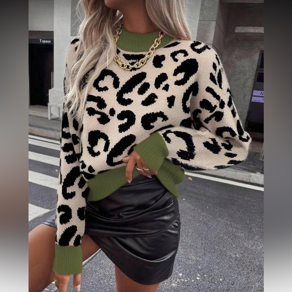 Leopard Print Sweater with Green Accents